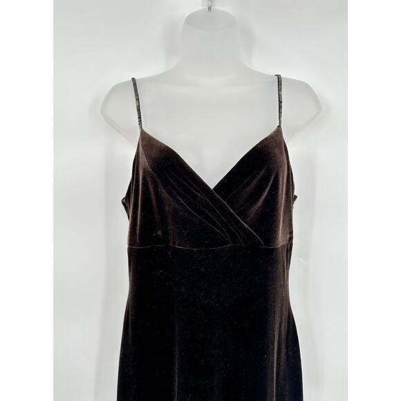 Vintage Y2K Brown Velour Leg Slit V Neck Maxi Dress Formal Party Prom Size 10 - Picture 5 of 8